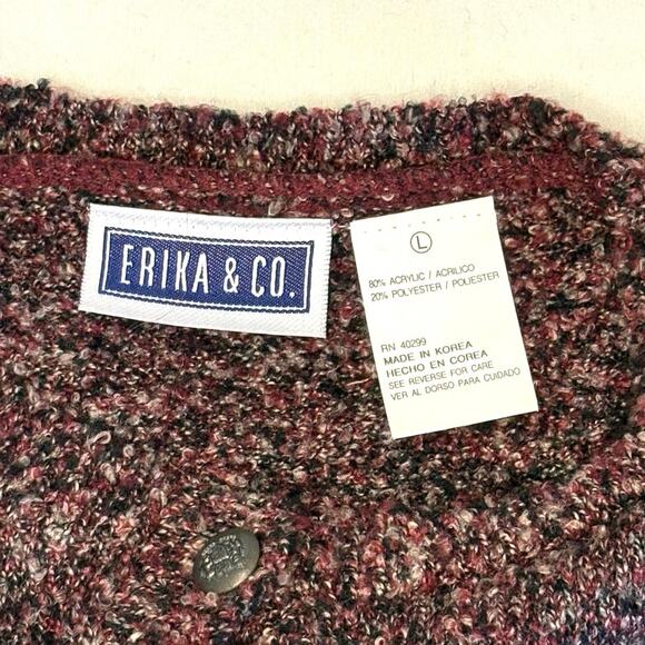 Vintage Erika & Co Textured Knit Fair Isle Cardigan Sweater Women's L | Maroon - Picture 5 of 11